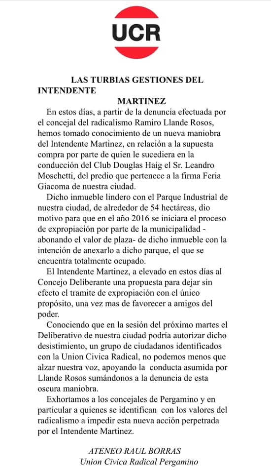  Raúl Bórras de la UCR Pergamino y un comunicado respecto a las desafectacion de las tierras expropiadas por parte del Gobierno Municipal 