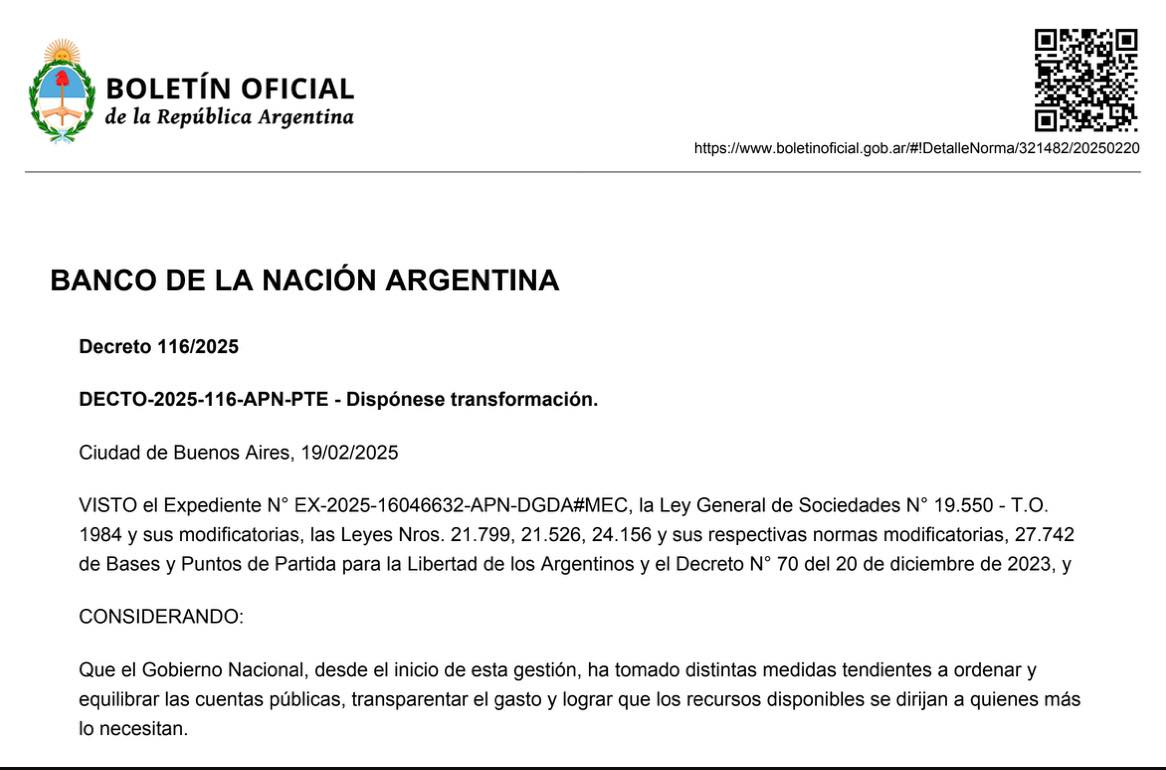 El Gobierno Anuncia la Conversión del Banco de la Nación Argentina en Sociedad Anónima