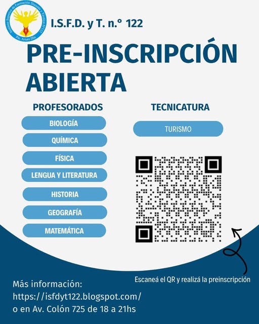 El Instituto N° 122 abrió la  preinscripción para sus  profesorados y tecnicatura